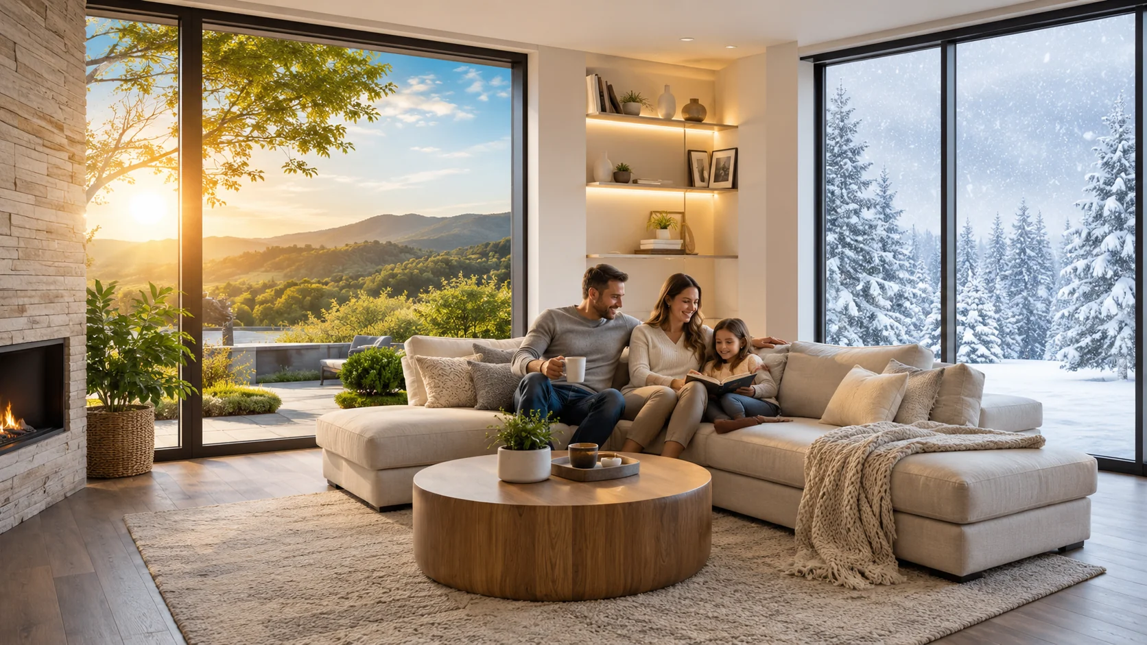 Family enjoying comfortable indoor temperatures during extreme outdoor seasons